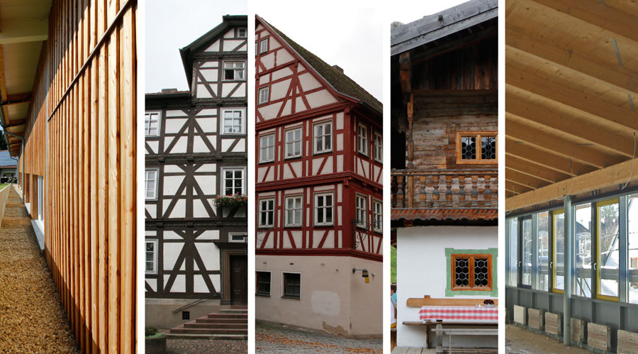 Fünf Ausschnitte von historischen und modernen Gebäuden